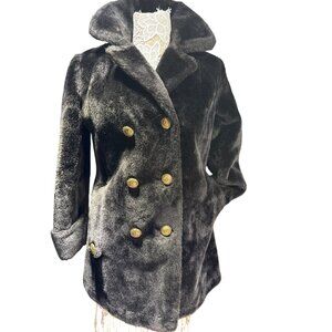 Vintage Faux Fur Doube Breasted Swing Coat Black Gold Crest Buttons Pea Coat Sz